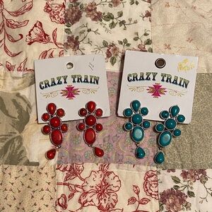 Crazy Train Bold Red and Teal Earrings